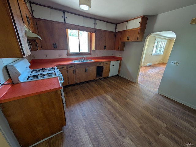 1712 S Hamilton St, Saginaw, MI 48602 - kitchen featuring a sink, under cabinet range hood, white dishwasher, arched walkways, and baseboards
