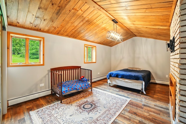 21759 205th Ave, Paris, MI 49338 - bedroom featuring wooden ceiling, multiple windows, baseboard heating, wood finished floors, and lofted ceiling