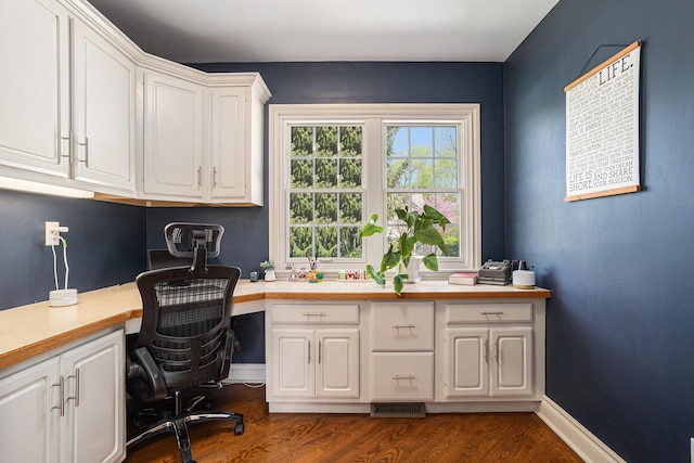 3225 Bronson Blvd, Kalamazoo, MI 49008 - home office with built in study area, dark wood finished floors, and baseboards