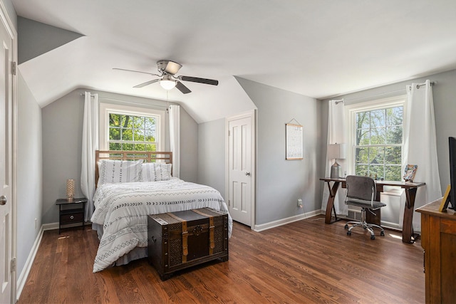 3225 Bronson Blvd, Kalamazoo, MI 49008 - bedroom with wood finished floors, a desk, baseboards, vaulted ceiling, and a ceiling fan