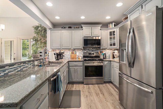 3225 Bronson Blvd, Kalamazoo, MI 49008 - kitchen featuring appliances with stainless steel finishes, gray cabinetry, a sink, a peninsula, and backsplash