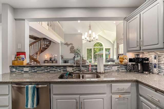3225 Bronson Blvd, Kalamazoo, MI 49008 - kitchen featuring a sink, dishwasher, backsplash, a chandelier, and gray cabinetry