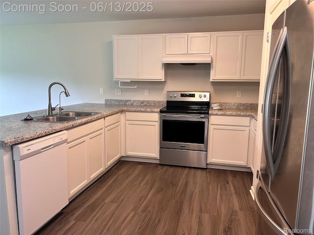 9145 Magnolia Ct, Davison, MI 48423 - kitchen with stainless steel appliances, a sink, under cabinet range hood, a peninsula, and white cabinets