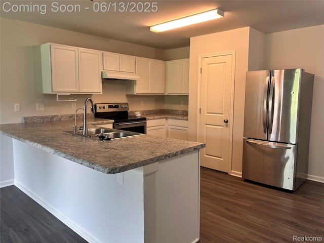 9145 Magnolia Ct, Davison, MI 48423 - kitchen featuring freestanding refrigerator, range with electric stovetop, under cabinet range hood, a sink, and a peninsula