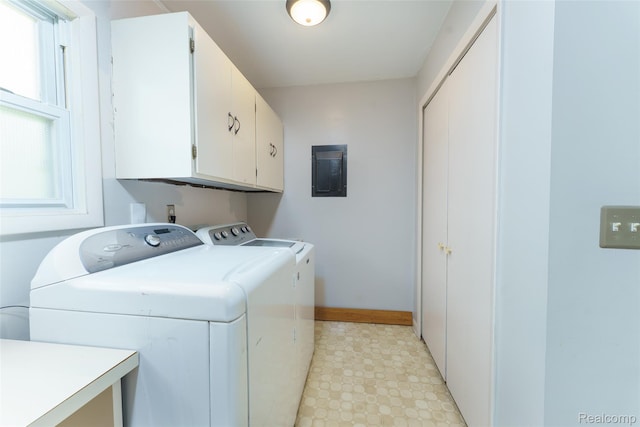 3260 Van Campen Dr, Waterford, MI 48329 - laundry room with cabinet space, separate washer and dryer, electric panel, light flooring, and baseboards