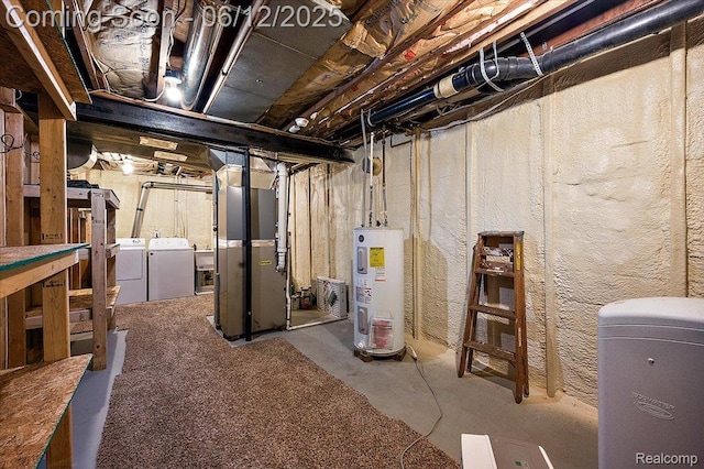 5836 Ewalt Rd, Imlay City, MI 48444 - unfinished basement featuring electric water heater, washing machine and clothes dryer, and heating unit