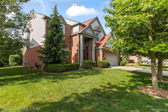 7244 Millrock Ave, Shelby Twp, MI 48317 - view of front of house featuring brick siding, concrete driveway, a front lawn, and an attached garage