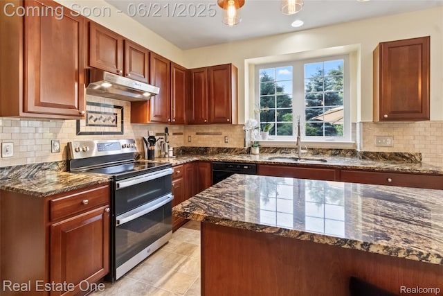 7244 Millrock Ave, Shelby Twp, MI 48317 - kitchen featuring range with two ovens, under cabinet range hood, dark stone countertops, tasteful backsplash, and dishwasher