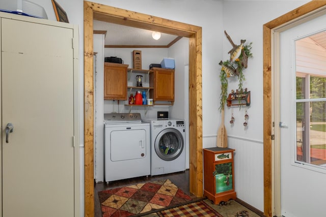 3858 S Chestnut Ave, Newaygo, MI 49337 - washroom featuring washer and clothes dryer, cabinet space, and crown molding