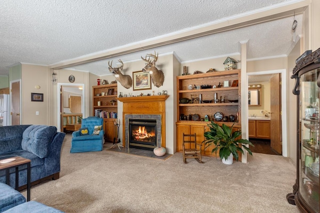 3858 S Chestnut Ave, Newaygo, MI 49337 - living area with carpet floors, a textured ceiling, crown molding, and a fireplace with flush hearth