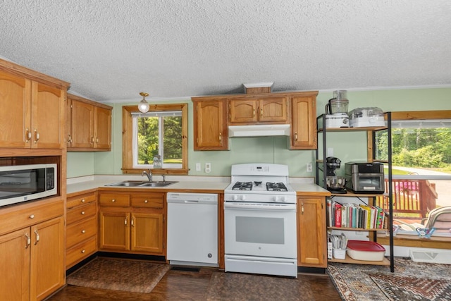 3858 S Chestnut Ave, Newaygo, MI 49337 - kitchen with white appliances, under cabinet range hood, a sink, a textured ceiling, and light countertops