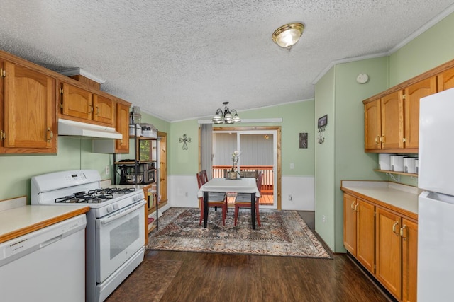 3858 S Chestnut Ave, Newaygo, MI 49337 - kitchen with white appliances, ornamental molding, under cabinet range hood, a chandelier, and dark wood-style floors