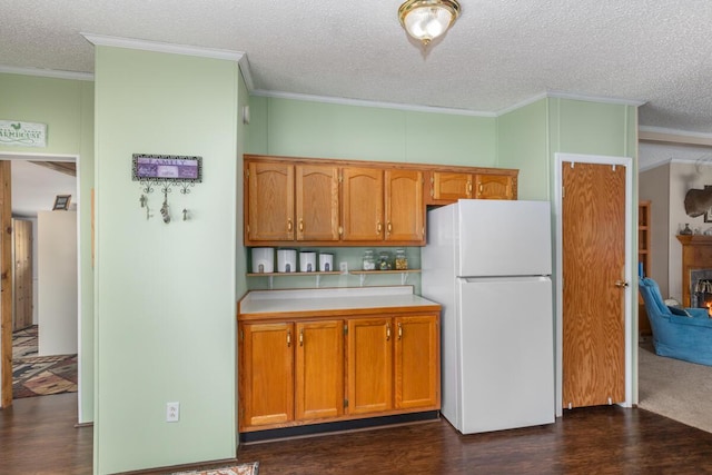 3858 S Chestnut Ave, Newaygo, MI 49337 - kitchen featuring freestanding refrigerator, ornamental molding, light countertops, dark wood-style floors, and a textured ceiling