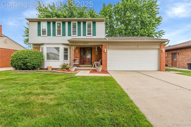 3039 Elmcrest Rd, Sterling Heights, MI 48310 - view of front of property with brick siding, an attached garage, concrete driveway, and a front yard