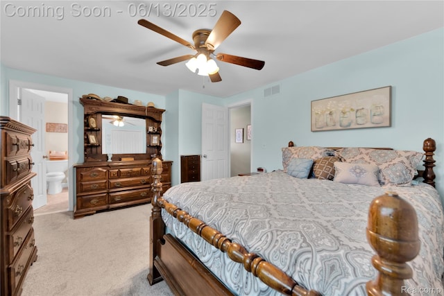 3039 Elmcrest Rd, Sterling Heights, MI 48310 - bedroom with light carpet, ceiling fan, and connected bathroom