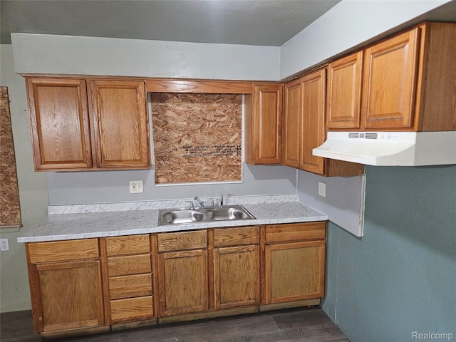 19367 Algonac St, Detroit, MI 48234 - kitchen with a sink, under cabinet range hood, brown cabinets, dark wood finished floors, and light countertops