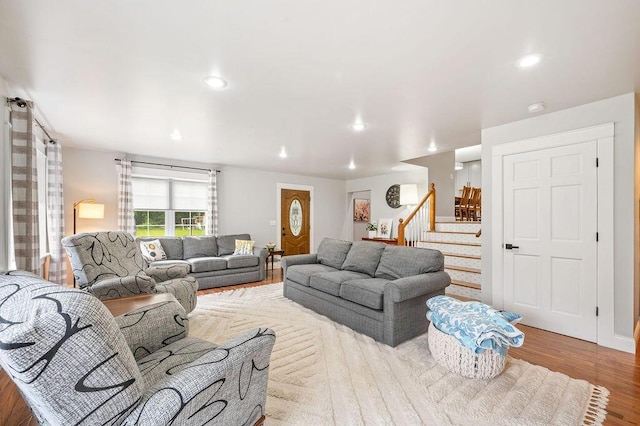 5549 Newton Ave, Coloma, MI 49038 - living area featuring stairway, wood finished floors, and recessed lighting