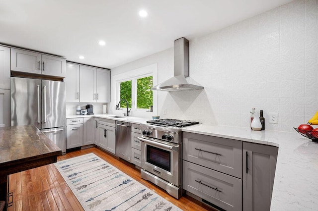 5549 Newton Ave, Coloma, MI 49038 - kitchen featuring premium appliances, gray cabinetry, wall chimney exhaust hood, a sink, and tasteful backsplash