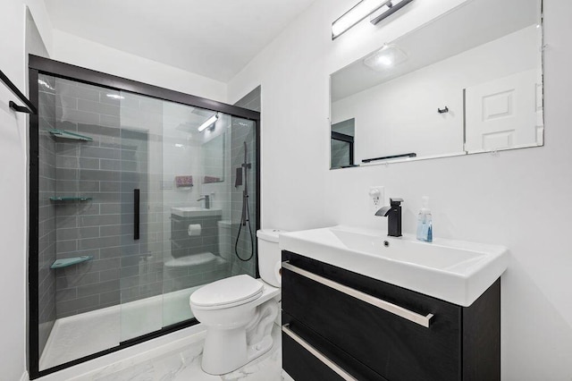 5549 Newton Ave, Coloma, MI 49038 - full bathroom featuring toilet, vanity, marble look tile flooring, and a shower stall