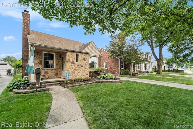 122 N Wilson Ave, Royal Oak, MI 48067 - view of front facade with stone siding, a chimney, a front lawn, a shingled roof, and a porch