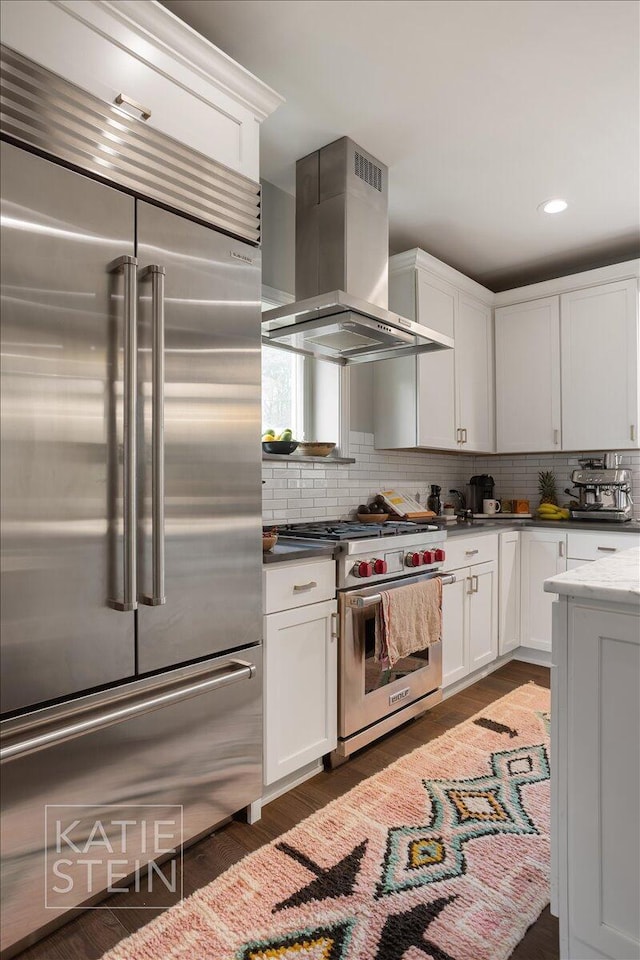 1110 Breton Rd SE, East Grand Rapids, MI 49506 - kitchen with premium appliances, island range hood, tasteful backsplash, white cabinetry, and dark wood finished floors