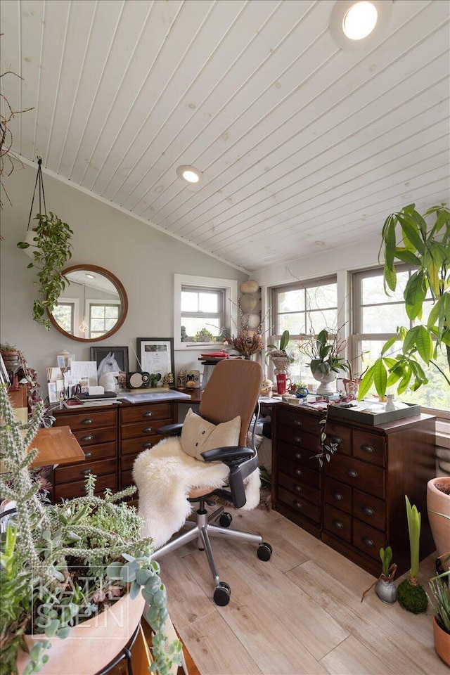 1110 Breton Rd SE, East Grand Rapids, MI 49506 - office area with light wood-style flooring, wooden ceiling, and vaulted ceiling