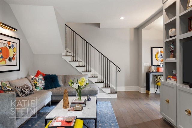 1110 Breton Rd SE, East Grand Rapids, MI 49506 - living area featuring hardwood / wood-style floors, stairway, recessed lighting, and vaulted ceiling