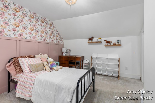 821 W Baseline Rd, Plainwell, MI 49080 - bedroom with carpet flooring, lofted ceiling, wainscoting, and a decorative wall