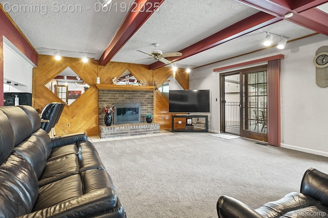 39502 Salvatore Dr, Sterling Heights, MI 48313 - living room featuring rail lighting, carpet flooring, ceiling fan, healthy amount of natural light, and wood walls