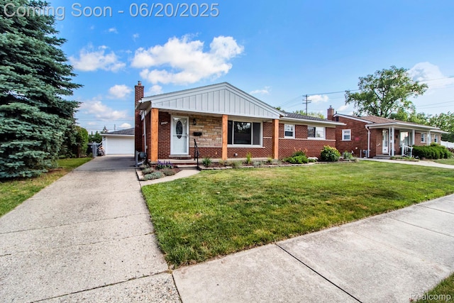 29424 Oakley St, Livonia, MI 48154 - single story home featuring a chimney, covered porch, a front yard, and brick siding