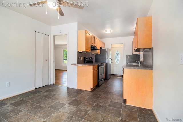 29424 Oakley St, Livonia, MI 48154 - kitchen with stainless steel electric range, under cabinet range hood, a ceiling fan, tasteful backsplash, and dark stone finish flooring