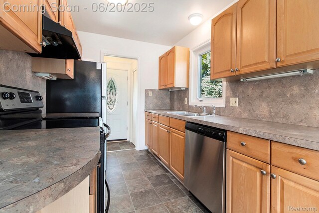 29424 Oakley St, Livonia, MI 48154 - kitchen with stainless steel appliances, extractor fan, decorative backsplash, and stone finish flooring