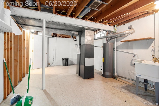 29424 Oakley St, Livonia, MI 48154 - unfinished basement with water heater, heating unit, and tile patterned floors