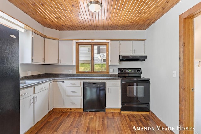 443 Nicholson St, Ionia, MI 48846 - kitchen featuring black appliances, extractor fan, wood ceiling, dark countertops, and dark wood finished floors