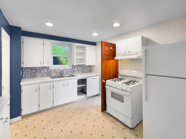 37 Caledonia St NE, Grand Rapids, MI 49505 - kitchen featuring white appliances, open shelves, under cabinet range hood, white cabinets, and recessed lighting