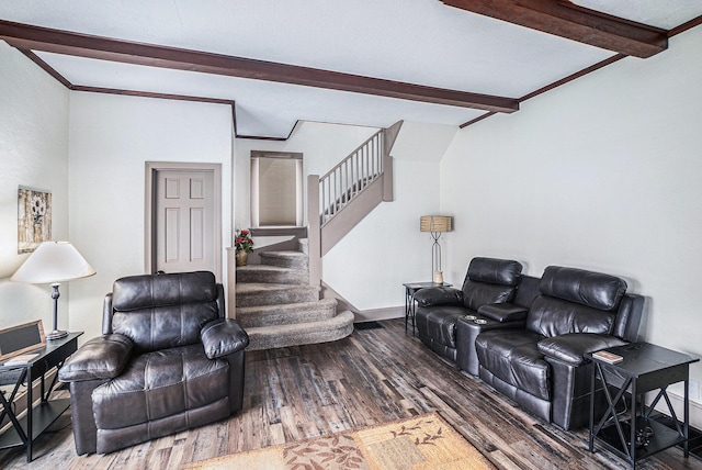 16 E Pine St, Fremont, MI 49412 - living room with beamed ceiling, wood finished floors, and stairway