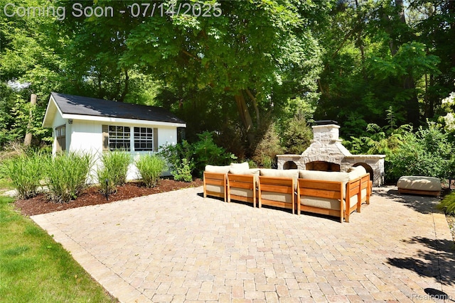 32965 Franklin Ct, Franklin, MI 48025 - view of patio / terrace featuring an outdoor living space with a fireplace and an outdoor structure