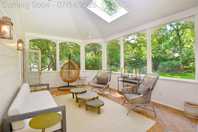 32965 Franklin Ct, Franklin, MI 48025 - sunroom with hardwood / wood-style floors, vaulted ceiling, a skylight, and wood walls