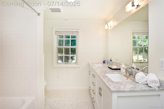 32965 Franklin Ct, Franklin, MI 48025 - full bathroom featuring double vanity, tile patterned flooring, crown molding, shower / bathtub combination, and wainscoting