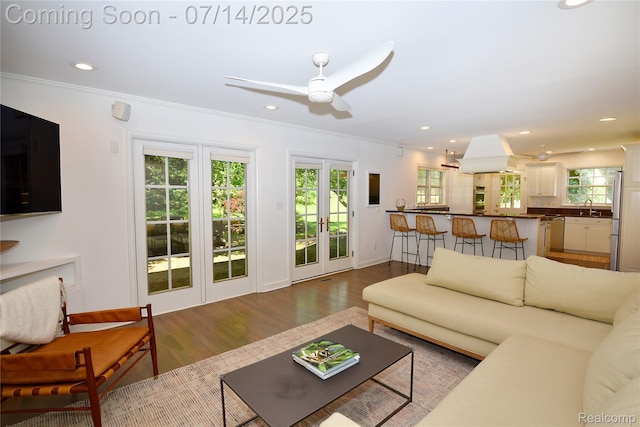32965 Franklin Ct, Franklin, MI 48025 - living area featuring ceiling fan, wood finished floors, crown molding, recessed lighting, and french doors