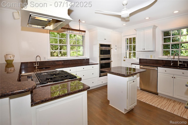 32965 Franklin Ct, Franklin, MI 48025 - kitchen with stainless steel appliances, white cabinetry, dark wood-type flooring, dark stone counters, and crown molding