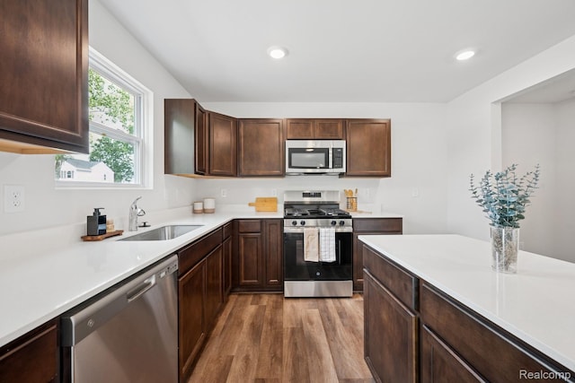 4311 Oak St, Grand Blanc, MI 48439 - kitchen featuring stainless steel appliances, wood finished floors, light countertops, recessed lighting, and dark brown cabinets