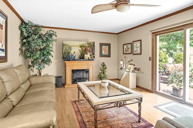 54286 Bradshaw Dr, New Baltimore, MI 48047 - living area featuring light wood-style floors, a glass covered fireplace, crown molding, and a ceiling fan