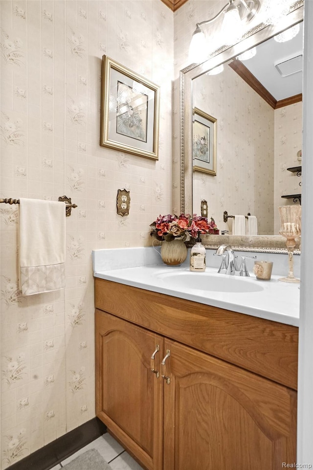 54286 Bradshaw Dr, New Baltimore, MI 48047 - bathroom featuring wallpapered walls, vanity, ornamental molding, and tile patterned flooring