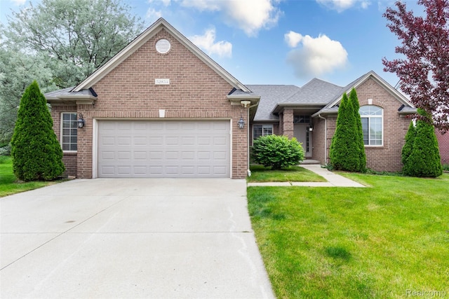 52854 Schafers Run Ct, New Baltimore, MI 48051 - view of front of property with brick siding, an attached garage, a front lawn, concrete driveway, and a shingled roof