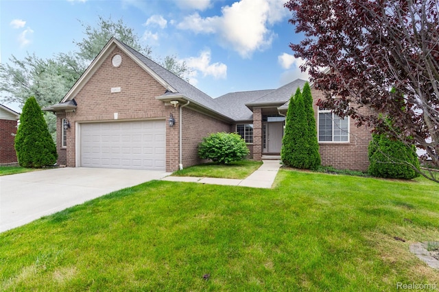 52854 Schafers Run Ct, New Baltimore, MI 48051 - view of front facade with a garage, brick siding, driveway, a front lawn, and roof with shingles