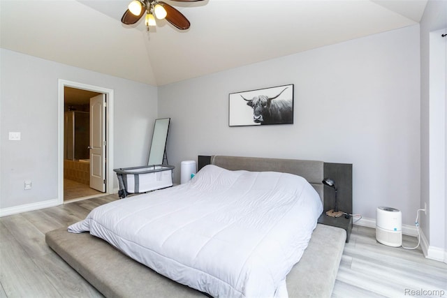 52854 Schafers Run Ct, New Baltimore, MI 48051 - bedroom with light wood finished floors, vaulted ceiling, connected bathroom, and ceiling fan