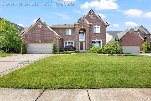 392 Gunston Ct, Troy, MI 48083 - traditional-style home with brick siding, a front yard, driveway, and a garage