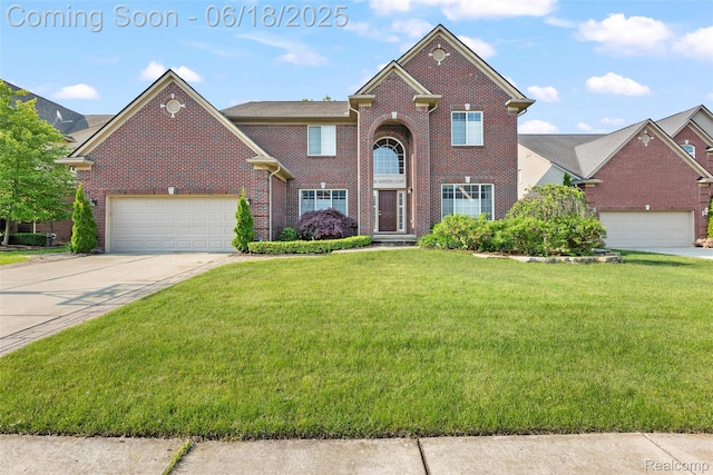 392 Gunston Ct, Troy, MI 48083 - traditional-style home with a front lawn, brick siding, driveway, and an attached garage