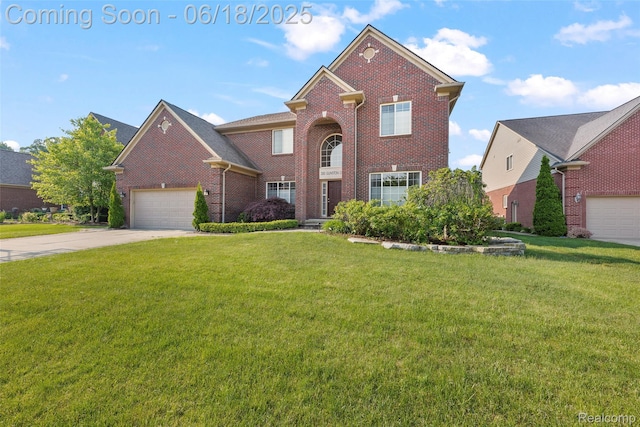392 Gunston Ct, Troy, MI 48083 - traditional-style home with brick siding, a front lawn, concrete driveway, and a garage